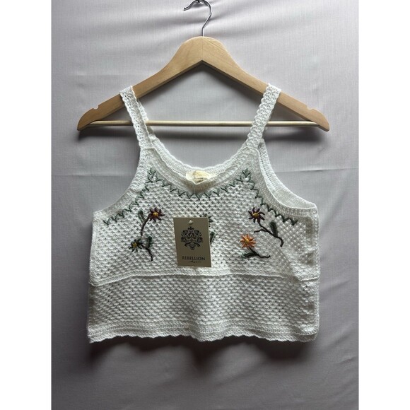 Rebellion Tops - Rebellion Women’s Medium Crochet Crop Top White Tank Embroidered Flowers